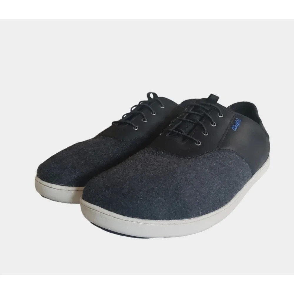 Olukai Nohea Moku Hulu Shoes Men's 12 Gray Black Leather Wool Slip On Sneakers